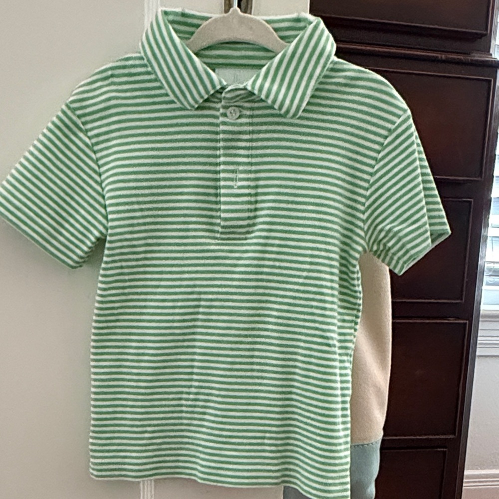 Green and white striped Little English boys polo